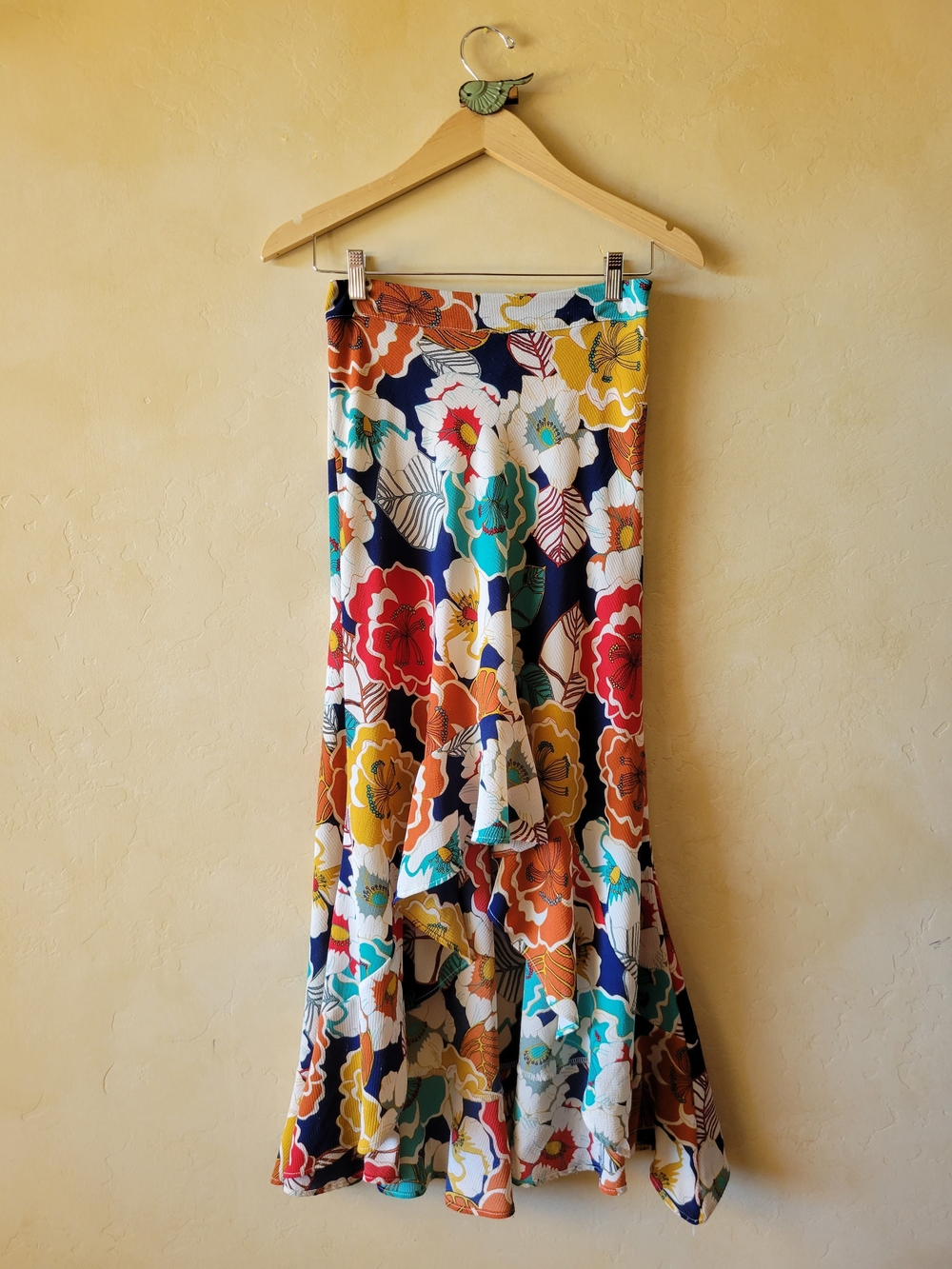 Free People Floral High-Low Ruffle Skirt in Navy, Red, Yellow & Teal Sz 4